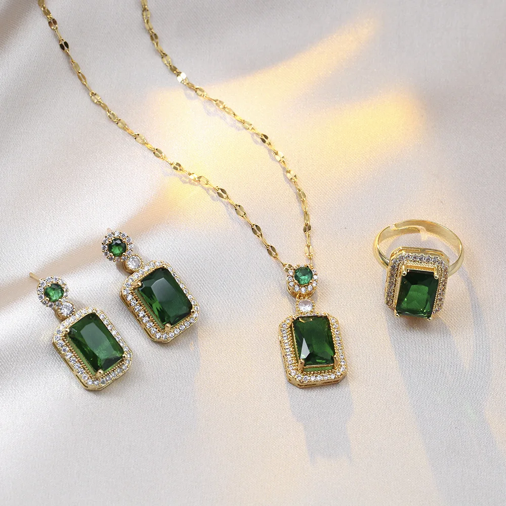 Retro Classic Geometric Square Emerald Pendant Necklace for Women Temperament  Stainless Steel Zircon Earring Ring Jewelry Set