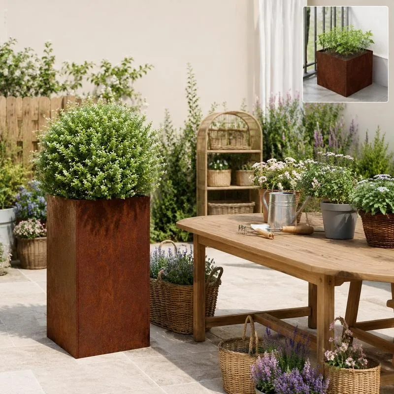 Quadratische Pflanzbox aus Cortenstahl, rostiger Finish, 40x40x80cm, offener Boden, effizientes Abflussystem, Anbau von Blumen, Gemüse, Kräutern, für Terrasse, Balkon, Garten, verstärkte Struktur,