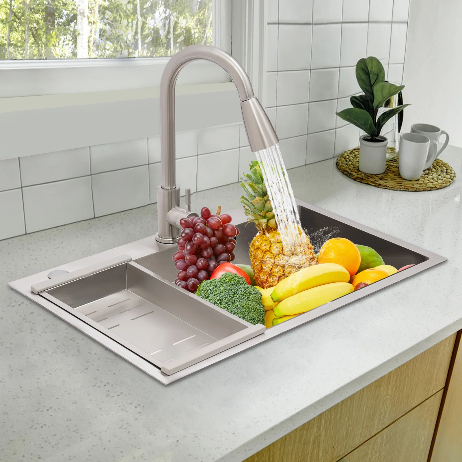 

Набор кухонной мойки с выдвижным смесителем — 68x45 см для мытья/разрезания/олив в одном комплекте, нано-раковина из нержавеющей стали