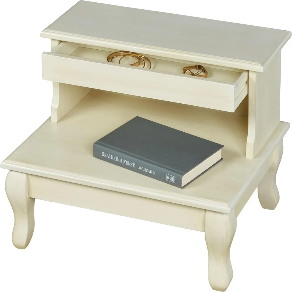 Cessilee Wooden Bed Steps - Whitewash - Traditional Style - Hidden Storage Drawer - Wood Bedside Two Step Stool for Bedroom, Hi
