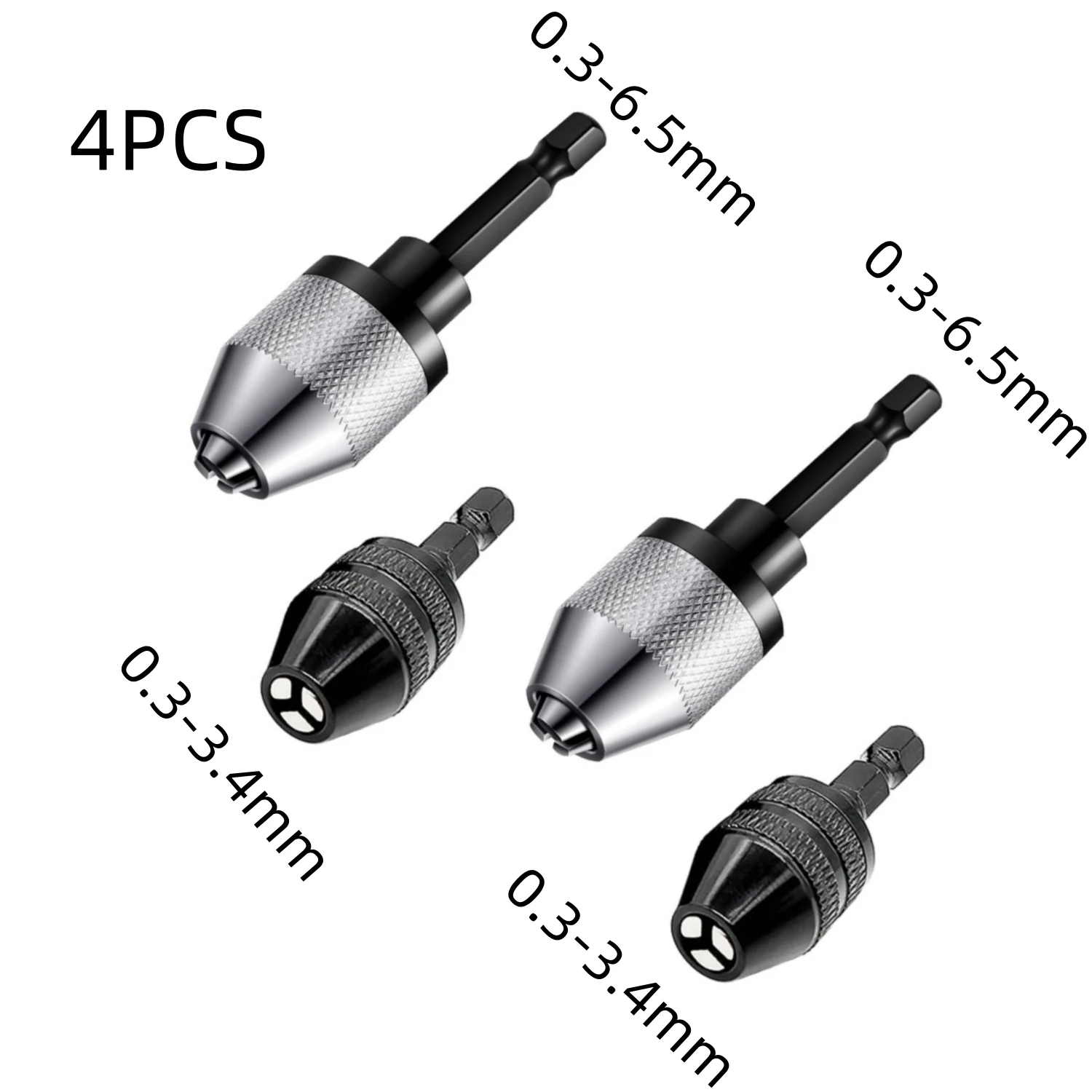 4PCS Drill Chuck Adapter Keyless 1/4 Inch Hex Shank Drill Chuck in 0.3-6.5 mm 0.3-3.4 mm Keyless Fast Change Converter Extension