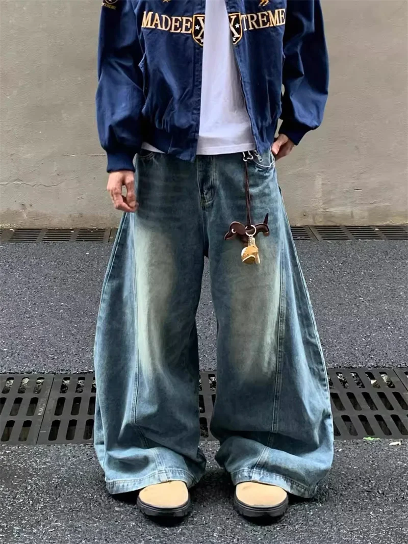

Мужские джинсы с широкими штанинами в американском стиле Sle в стиле ретро, повседневная свободная уличная одежда, осень-зима, брюки с косой с вышивкой, прямой крой, свободный крой