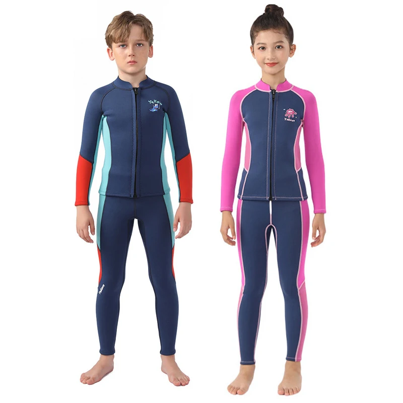 2 pçs/set wetsuit, 2.5mm neoprene crianças terno molhado camisa de manga longa e calças jaqueta/leggings com zíper frontal para esportes aquáticos natação