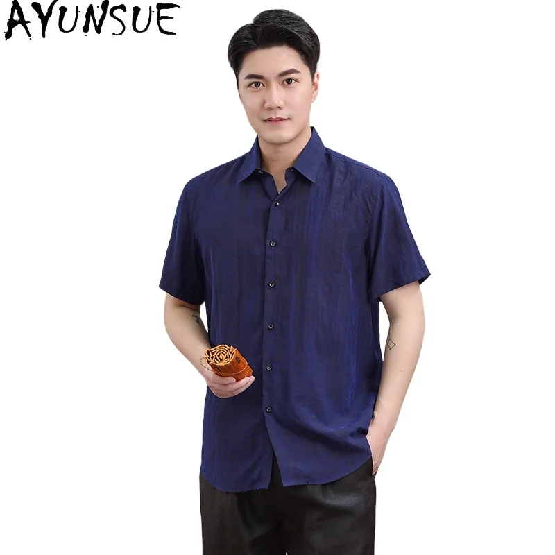 

AYUNSUE 100% Mulberry Silk Summer Shirts for Men Printed Shirt Mens Shirts Short Sleeve Shirt Men Camisa Manga Corta Hombre Tops