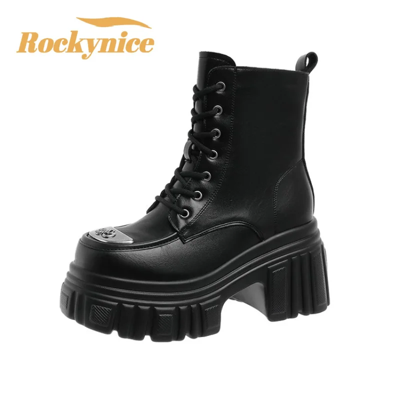 

Women's High Platform Motorcycles Boots Winter 8.5CM Wedge Heels Warm Fur Ankle Boots Chunky Sneakers Autumn Leather Shoes Woman