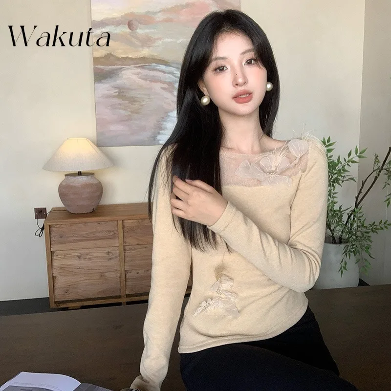 WAKUTA Fashion Temperament Round Neck Long-sleeved Thin Printed Inner Top Korean Ins Slim Elegant Flower Knitwear Свитер Женский