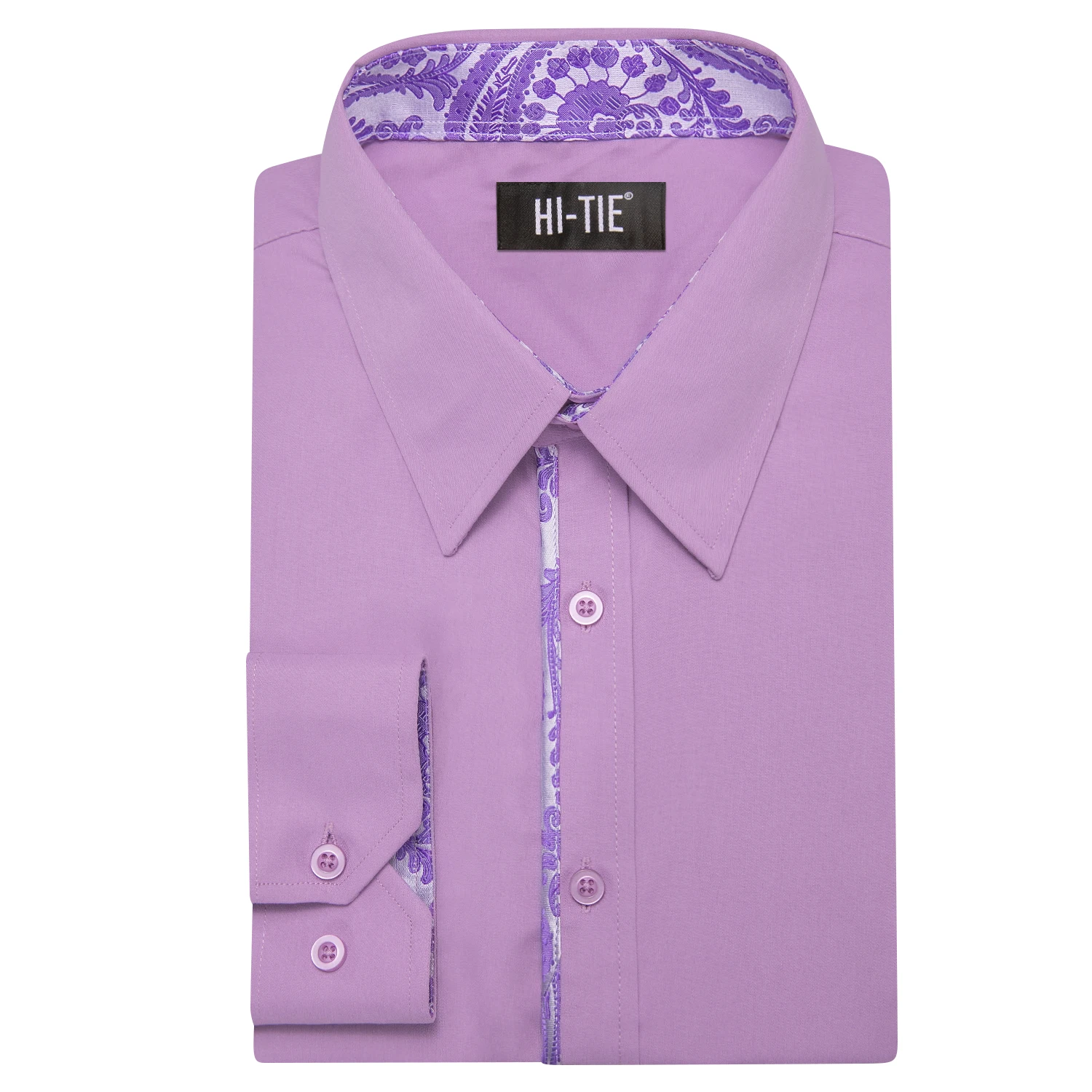 Hi-Tie Jacquard Lilac Voilet Solid Mens Silk Shirts Long Sleeve Lapel Shirt Blouse Outerwear Wedding Office Breathable Quality