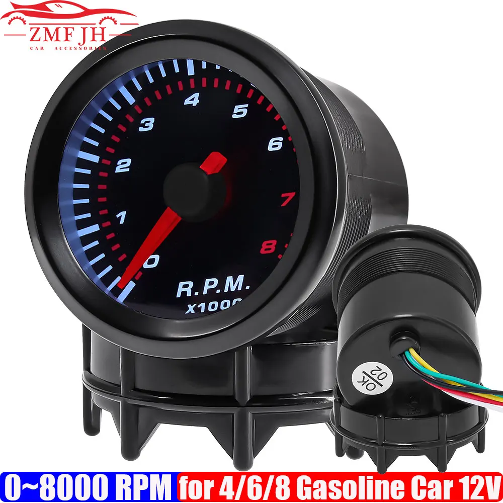 0–8000 U/min, 52 mm Drehzahlmesser mit weißem Licht für Benzinmotor, Auto, 4/6/8 Zylinder, Tachoanzeige, geräuchertes Gesicht, Zeiger, Drehzahlmesser, 12 V