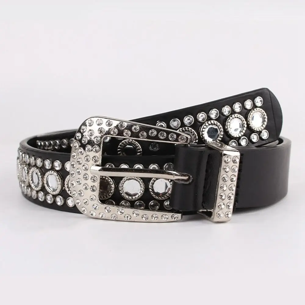 

Alloy Belts Personality Diamond Silver Leather Belt Pin Buckle PU Leather Belts for Women Women