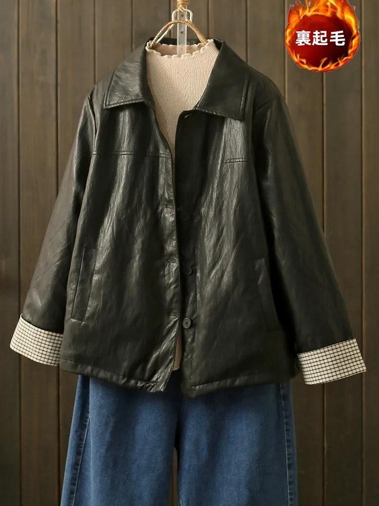plus Size Winter Leather Jacket Women's Loose Fitted Long Sleeve Warm Stylish Faux Fur Collar Casual Style PU Leather Coat