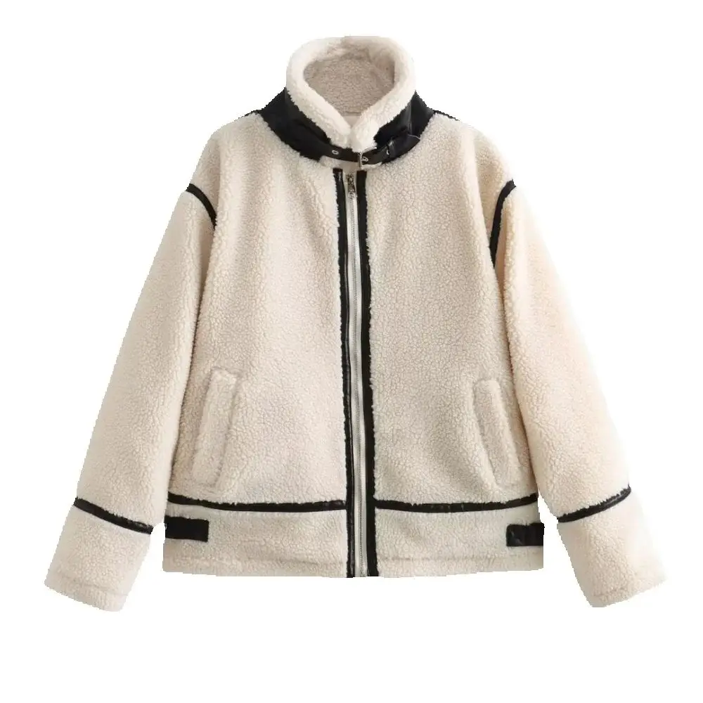 

Plush Loose Top with Collar Long Sleeve Zipper Pocket Adjustable Buckle Autumn/Winter New Fashion Lamb Wool Coat