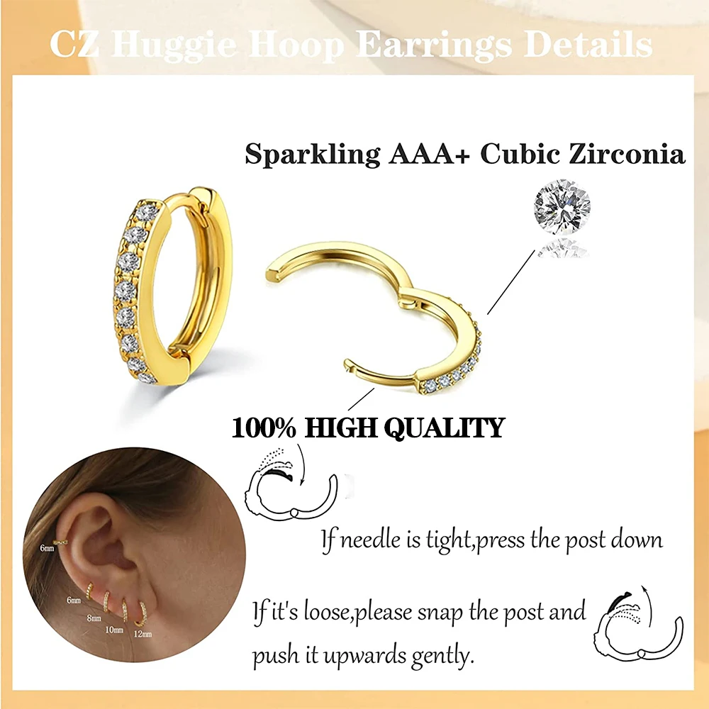 1Pair Gold Color Hoop Earrings For Women Fashion Cubic Zirconia Small Huggie Cartilage Earrings Helix Tragus Piercing Jewelry