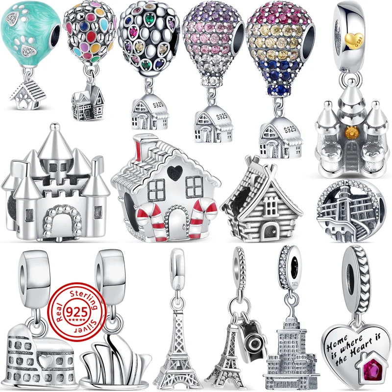 

925 Sterling Silver Hot Air Balloon House Castle Iron Tower Building Beads Fit Original Pandora Charms Bracelet DIY Fine Jewelry