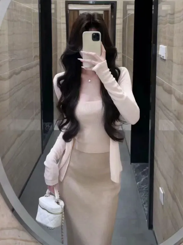 

Soft Style Three-Piece Set Sweater Tube Top Wrap Skirt Elegant Sensation Age Reduction Whole Outfit Spring Season Women's Fas...