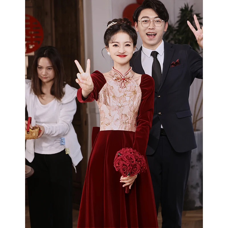 

New 2025 Long Sve Wedding Dr Chinese Sle Engagement Return Home Casual Marriage Ceremony Gown for Women Ele Sensa...