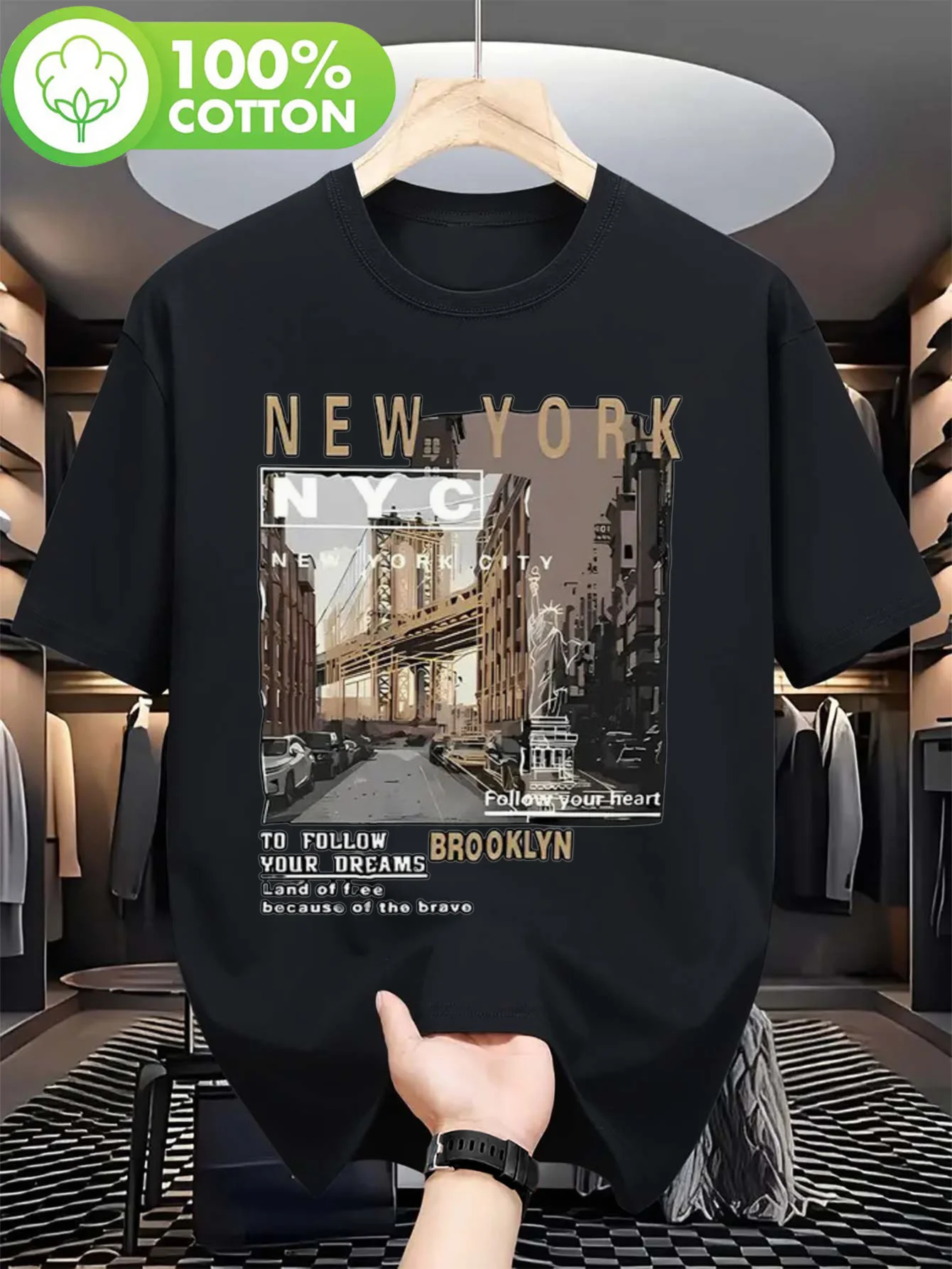 

Мужская футболка с рисунком New York City для мужчин — повседневная футболка с короткими рукавами из 100% хлопка с мостом Brooklyn и мотивационной цитатой Prin