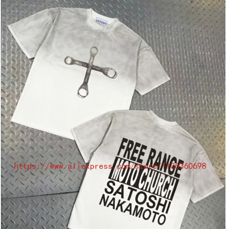 2026 New Satoshi Nakamoto Oversized Tee Gradient Ash Vintage Wash Cross Wrench Graphic Street Casual Short Sleeve top