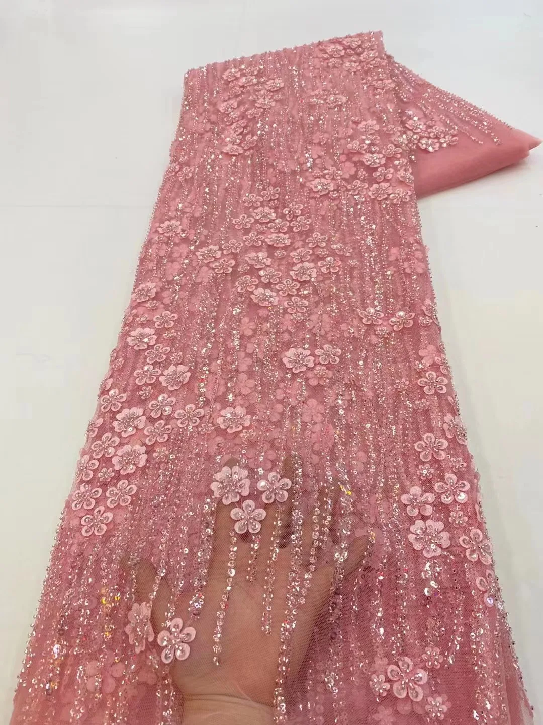 2024 Luxury 3D Lace Fabric Dubai Hand Beaded Tulle Lace Fabric Embroidered Applique African Nigerian Fabric For Sewing