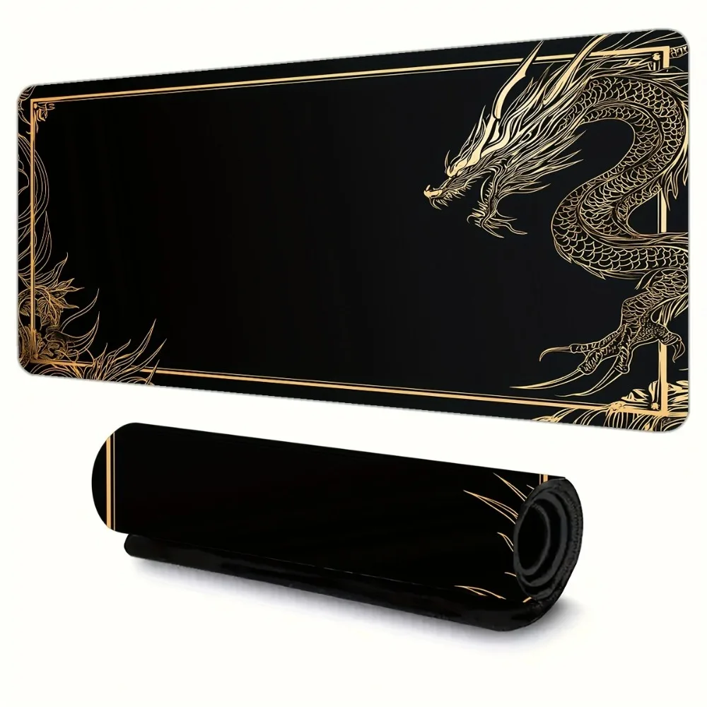 Large Black Golden Dragon Gaming Mousepad Non-Slip Rubber Base Ergonomic Design Washable Surface Deskmat Office Home Laptop PC