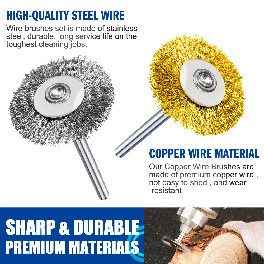 CMCP 10 قطعة 22 مللي متر تلميع فرشاة سلك مجموعة 3.0 مللي متر عرقوب الفولاذ المقاوم للصدأ/النايلون/النحاس لتلميع طحن لأدوات دريمل الدوارة #2