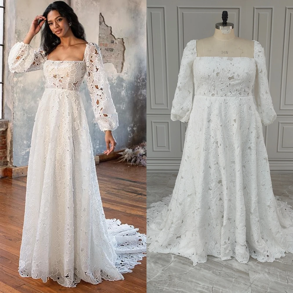 15043 #   Personalizado requintado gola quadrada mangas compridas inchadas a linha vestido de casamento renda vestido de noiva para mulher novia