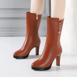 Women's Boots Autumn Winter Fashion New High heel Round Toe  Plush Soft Bottom Street Style Mid Calf Soft Leather Boots