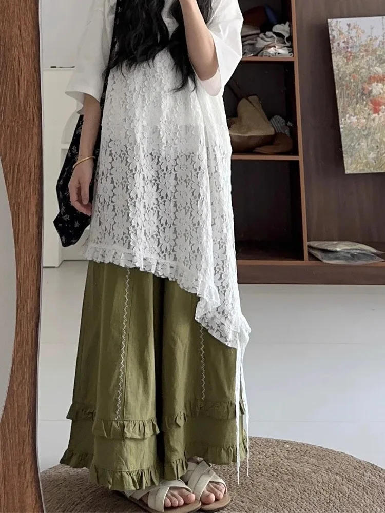 Ele geborduurde hoge taille wijde pijpen broek zomer casual broek met houten gesplitste comfortabele losse pasvorm rokbroek