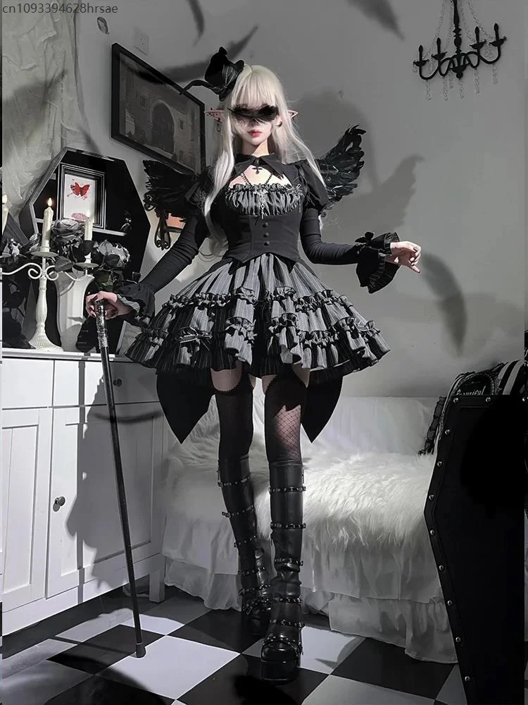 Streifen Top Kurzer Rock Halloween Thema Gefälschtes Zweiteiliges Outfit Gothic Lolita Dark Lolita Ballett Sle Damen Herbst Winter Set 2025