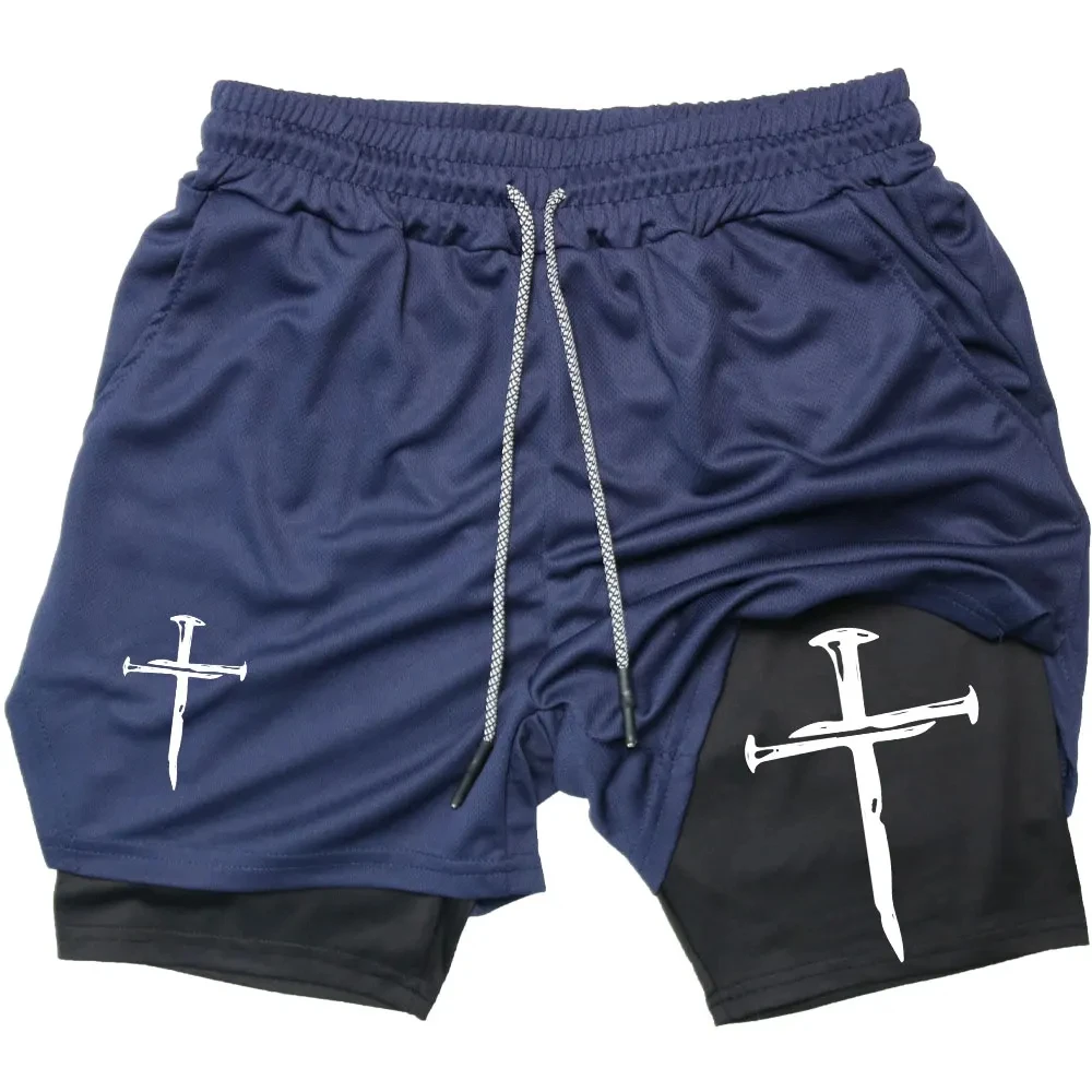 New Men\'s Shorts with Jesus Cross Print Sports Shorts 2-in-1 Mesh Quick Drying Fashionable Jogging Leisure Gym Training Shorts