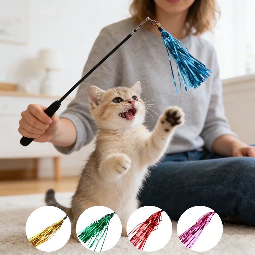 Bunte Streifen Regenbogen-Katzenangel mit austauschbaren Köpfen, geräuscherzeugenden Papierquasten und Glöckchen, Katzenangel zum Wechseln der Köpfe