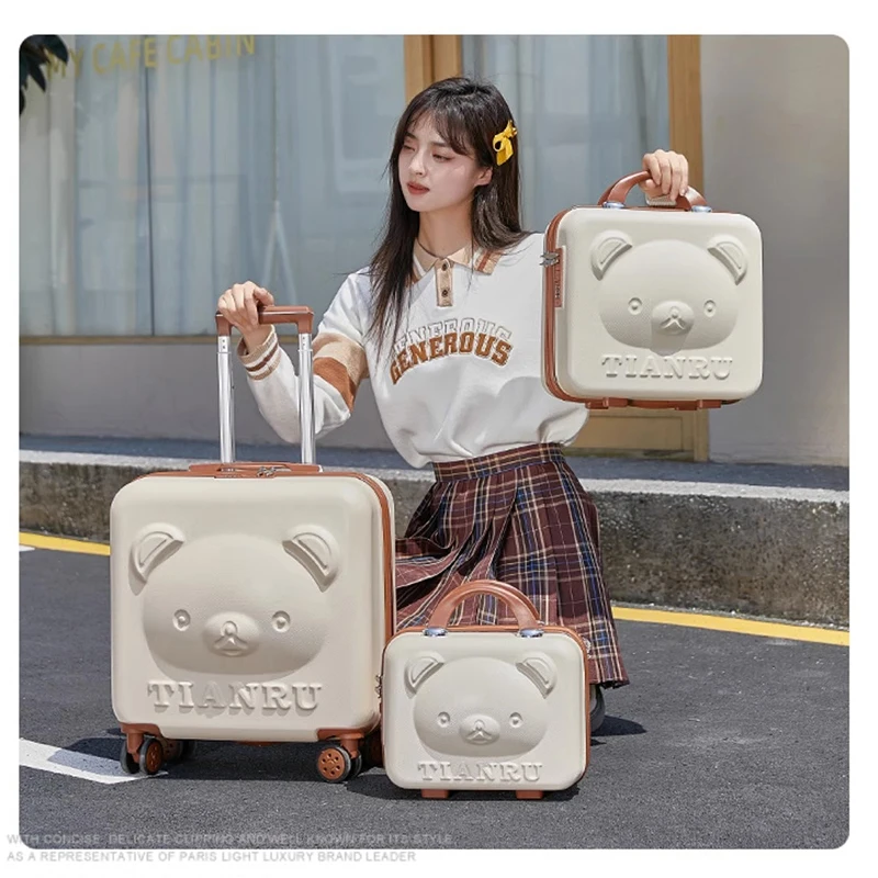 Imagem -03 - Urso Cabeça Pequena Mala para Senhoras Estojo Cosmético Bonito Conjunto de Bagagem Mala de Cabine Senha Bolsa de Viagem com Rodas 14 20