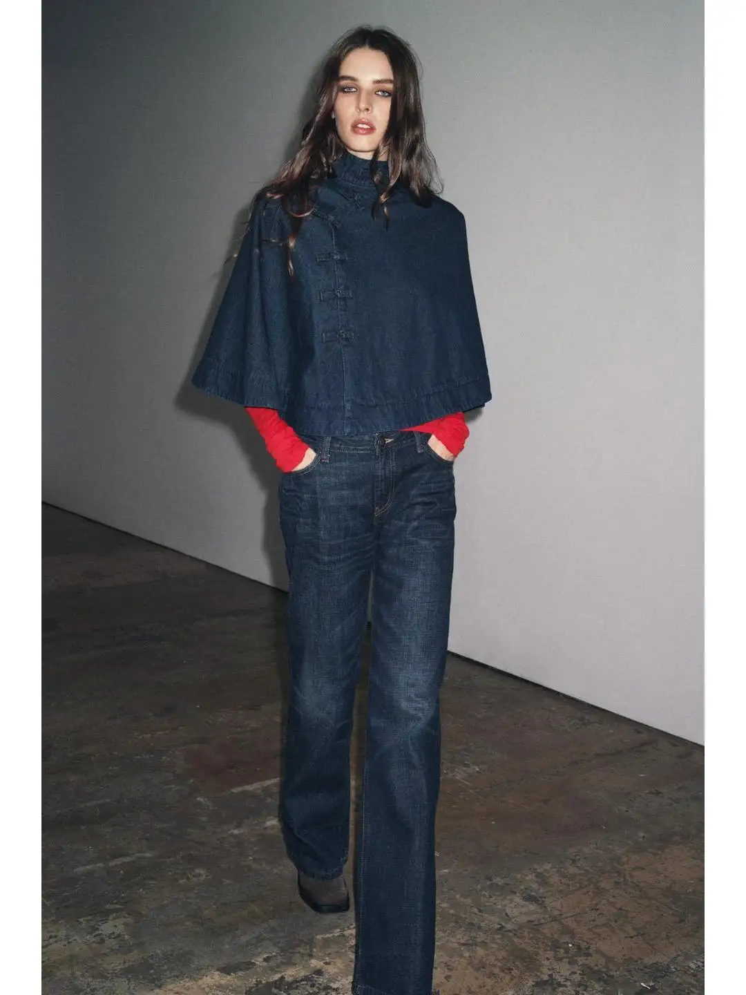 

Faionable Loose High Collar Denim Rope Knot Decorated Cowl Ne Coat Autumn Winter Cleanfit Sle Women's Long Sve irt