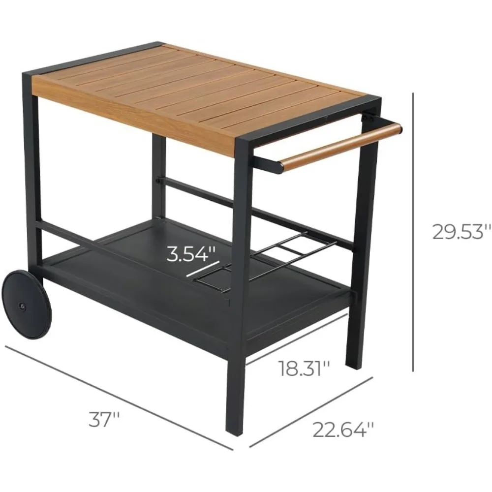 Outdoor Bar Cart with Wine Rack, Grill Dining Cart with Double-Shelf, Aluminum Serving Cart with Wood Grain Finish