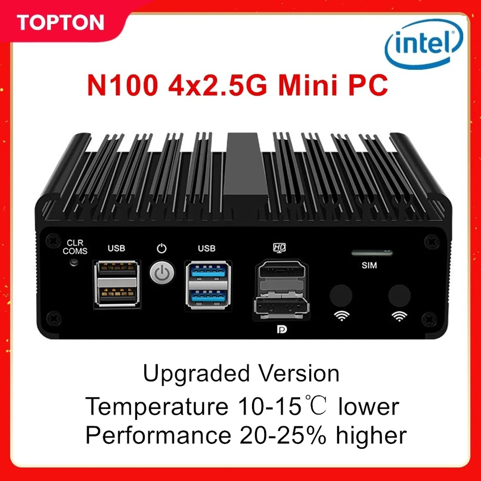 Topton Industrial Computer Intel N100 Fanless Mini PC 4 LAN i226-V