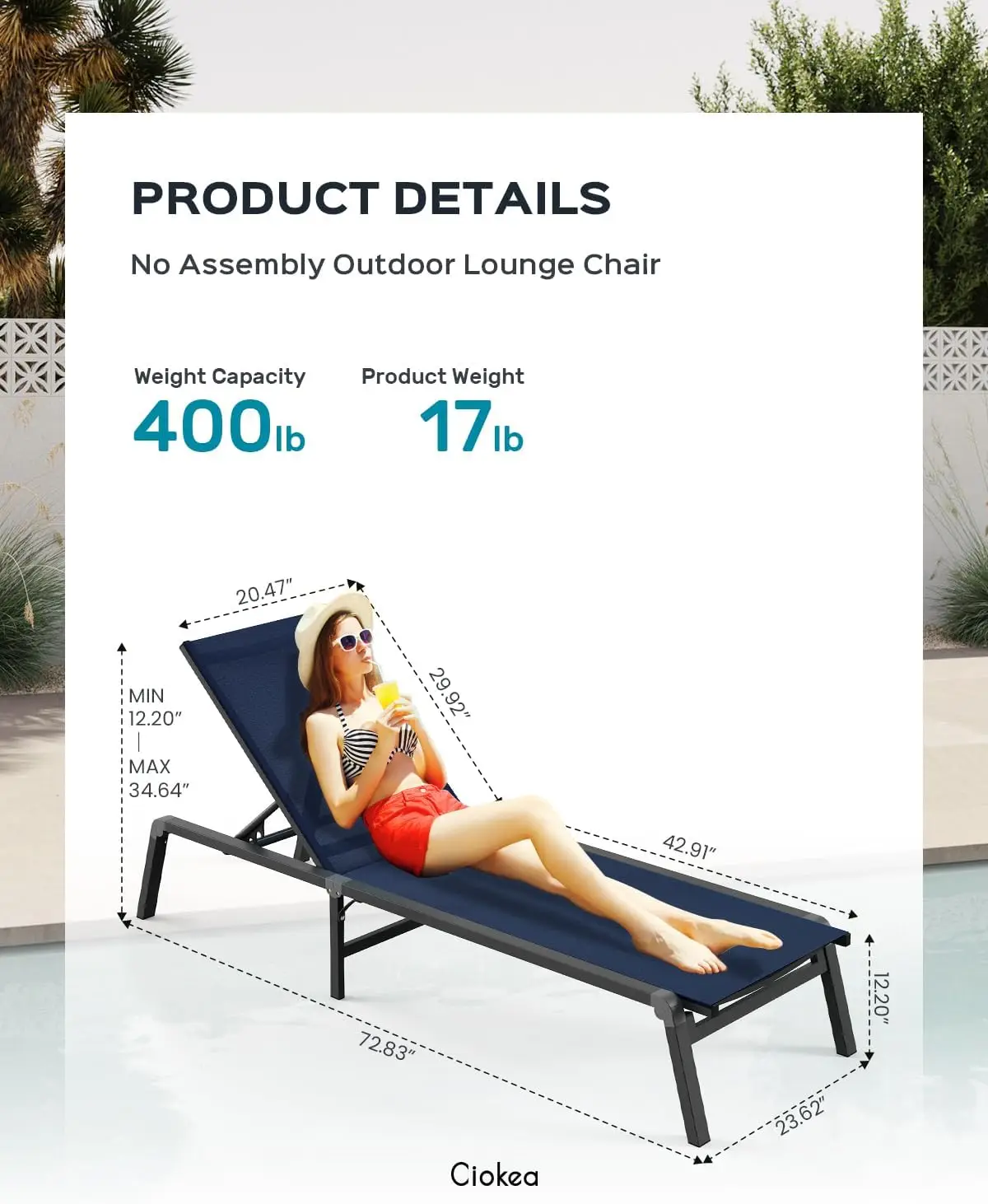 Chaise Lounge  -  & Assemble Free Outdoor Lounge Chair with 5 Adjustable Backrest, Patio Lounge Chair fo