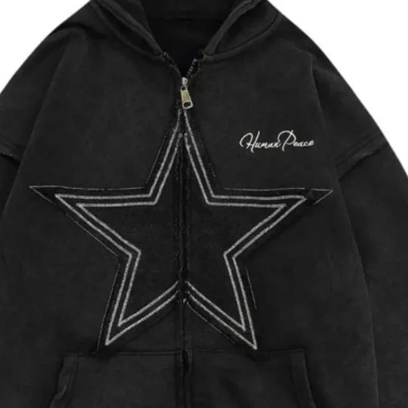 BIG PROMOTION Y2K autumn and winter trend street cardigan five-pointed star patch hooded sweater loose zipper pocket coat