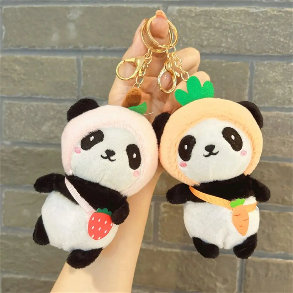 Stuffed Animal Panda Doll Keychains Fluffy Fruit Pompom Plush Keychains Bag Key Ring Kawaii Panda Keyrings Backpack Bag