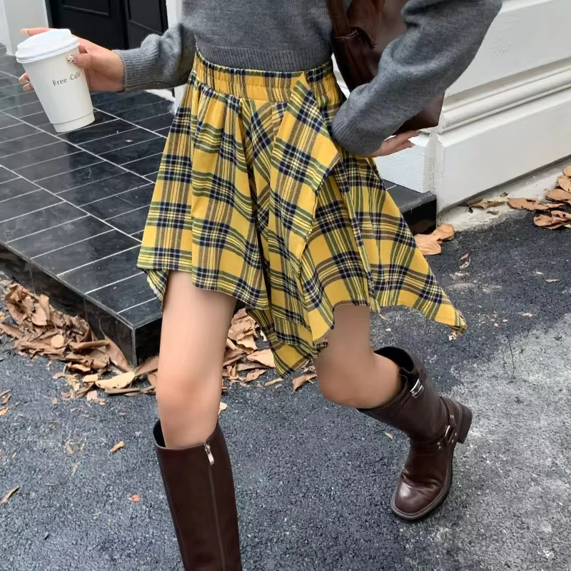 Autumn New Irregular Grid Short Skirt with Elastic Waist Grid Tie Strap