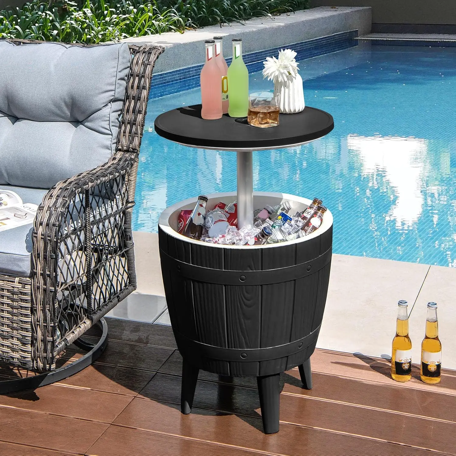 Height Adjustable 10 Gallon Outdoor Cooler Table 3 In 1 Patio Cool Side Table Drain Plug Weather Resistant Ice Beverage Bar Back