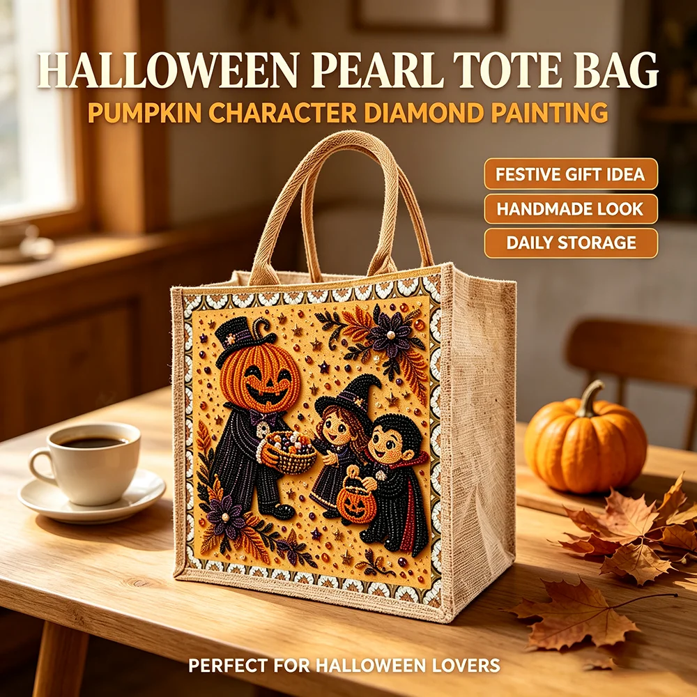 DIY Pearl Bead Diamond Jute Grocery Tote Bag Cute Pumpkin Vampire Large Capacity Burlap Shopping Handbag Halloween Party Gift