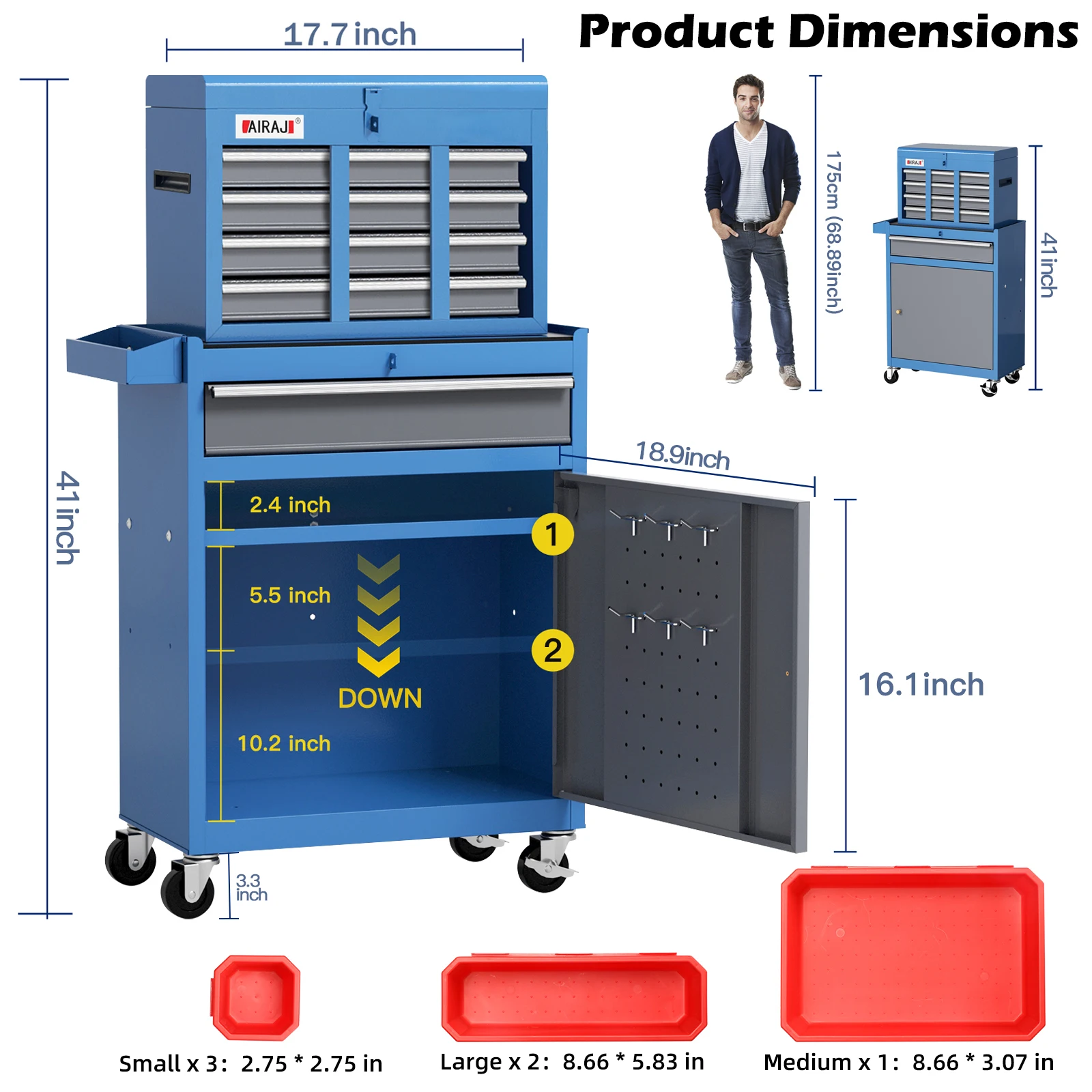 Tool Chest 7-Drawer | 40'' Large Rolling Tool Chest with Wheels | Detachable Top Metal Tool Box | Garage Storage Cabinet for Rep