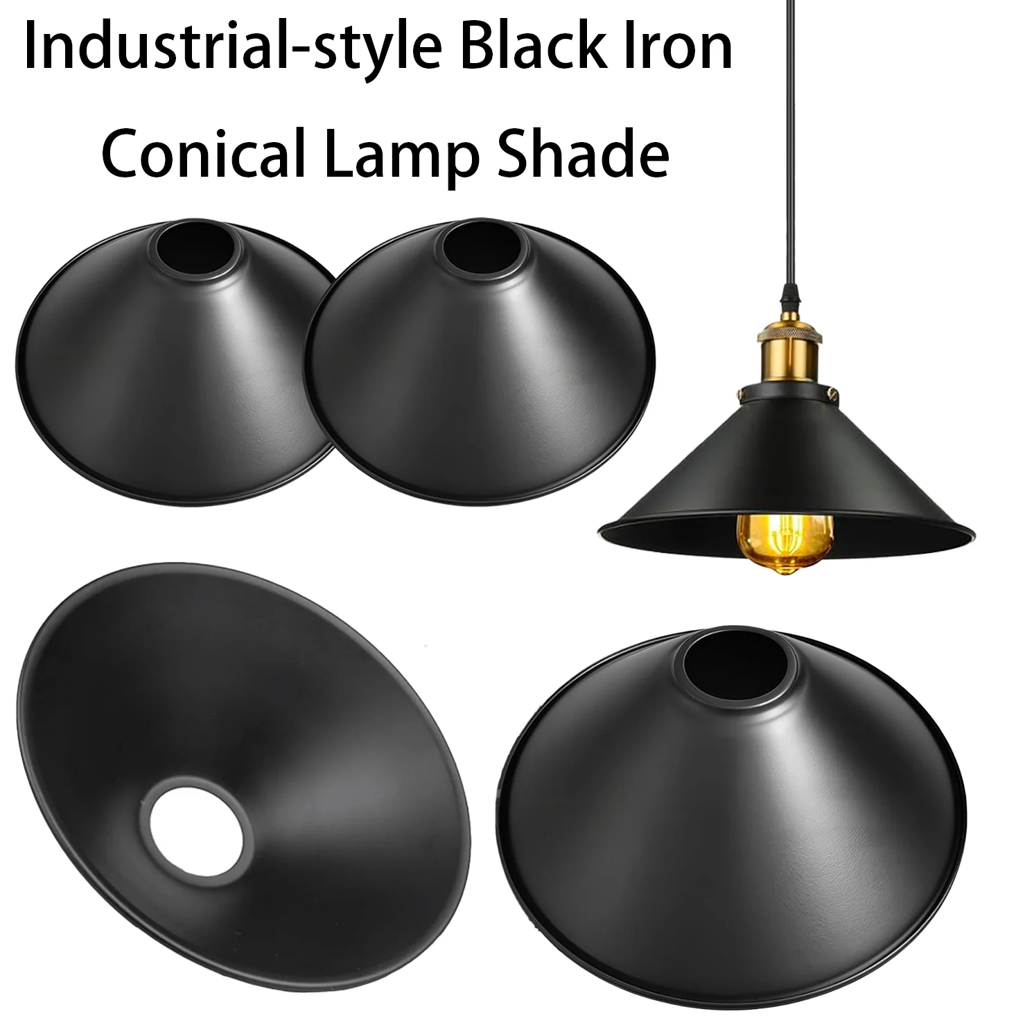 Industrial-style Black Iron Cone Lampshade, Vintage Loft Pendant Lamp Accessory, Black Metal Anti-Glare Fixture Housing, Nordic