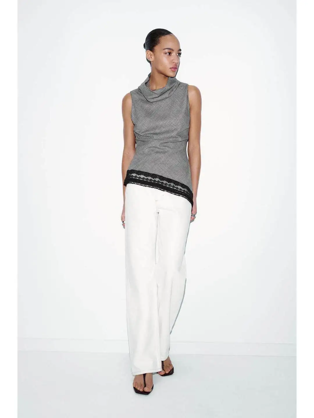 

Fashionable Slim Fit Lace Top Asymmetric Hem Tweed Pattern Spring Breeze High Collar Women's Outerwear City Walk Neutral