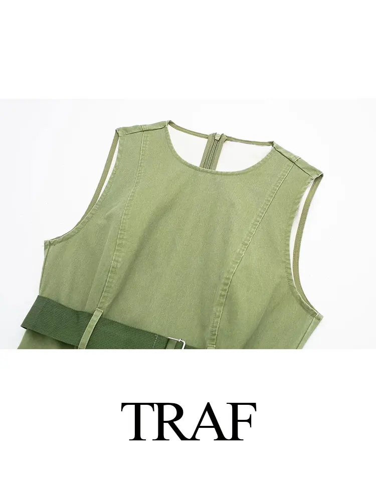 TRAF 2024 Women\'s Fashion Street Dress Sleeveless Round Neck Army Green Belt Decoration Slim Cargo Sundress Vintage Trendy Dress