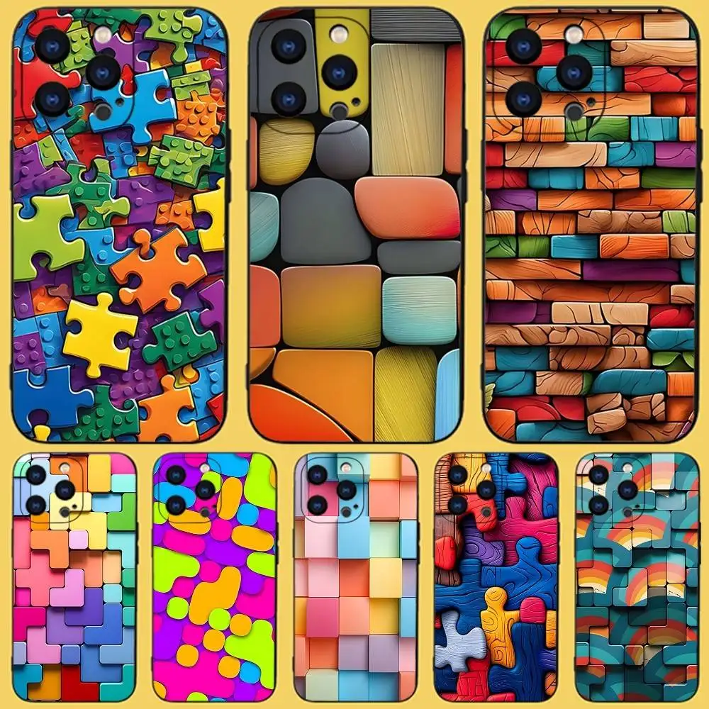 

C-Colorful 3D Block Phone Case For iPhone 17,16,15,14,13,12,11,Pro,Max,Plus,X,XS,SE4,E,Mini,Soft Black Case