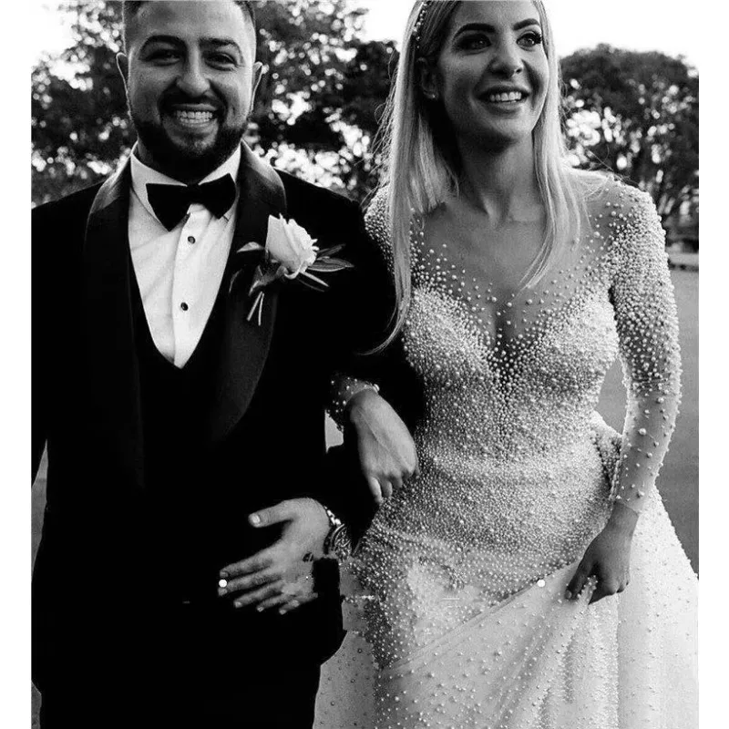 Customized Pearl Beaded Mermaid Wedding Dresses With Detachable Train Vintage Long Sleeves Saudi Arabic Handmade Bride Gowns