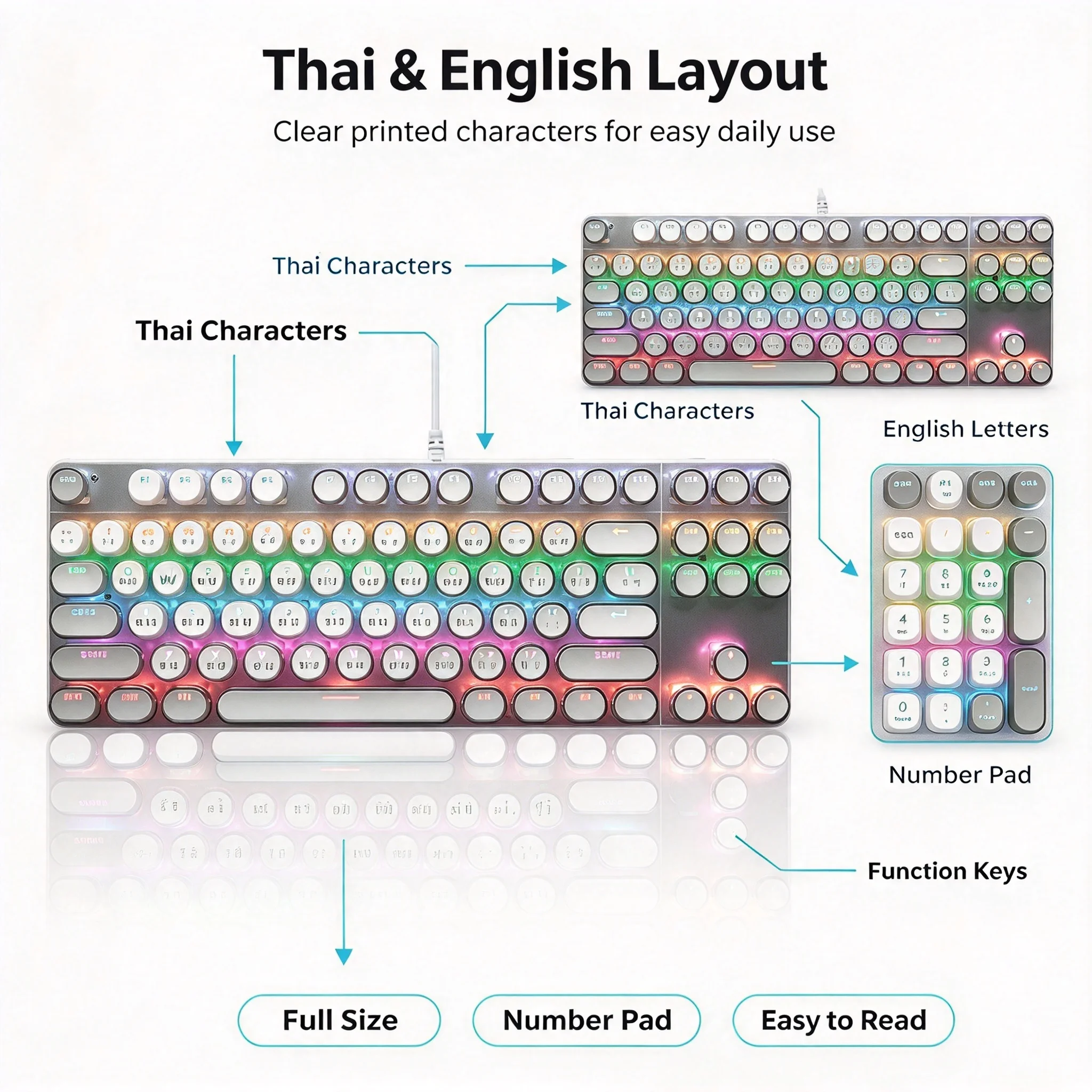104-Keys Thai Layout Mechanical Keyboard RGB Backlit Ergonomic Design Gamer/Office Stylish Retro Keyboard For PC Computer Laptop