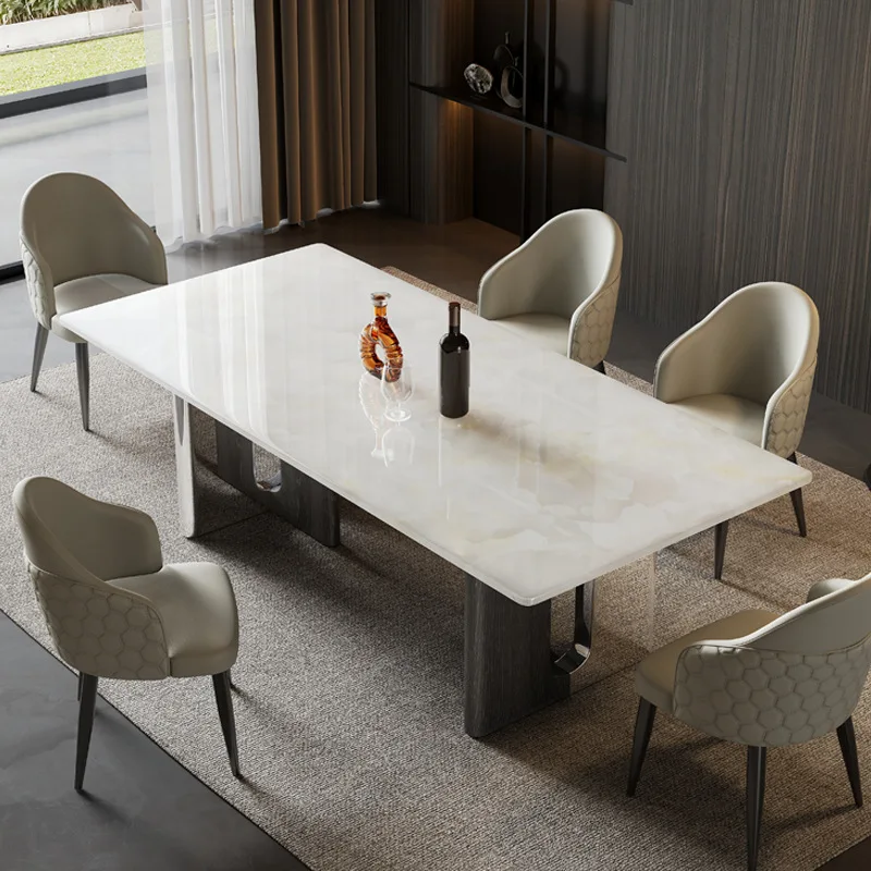 

White ice jade pure natural luxury stone dining table modern simple high-end marble household rectangular dining table and chair