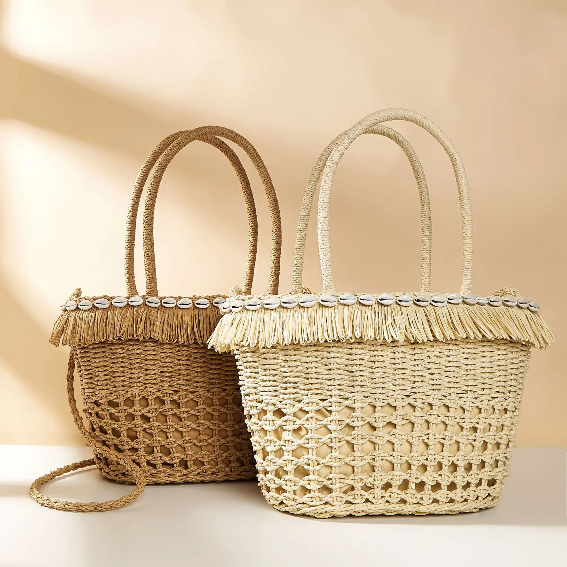 

Fashion Shell Tassel Straw Bucket Bag Hollow Rattan Women Handbags Summer Beach Tote Bag Casual Large Crossbody Shoulder Bags