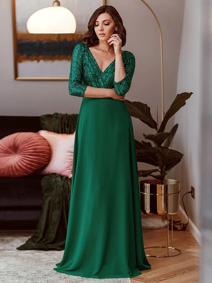 

Sexy V Neck Sequin Evening Dresses with 3/4 Sleeve Ever-Pretty Vestido de noche elegante con cuello en V y lentejuelas de manga